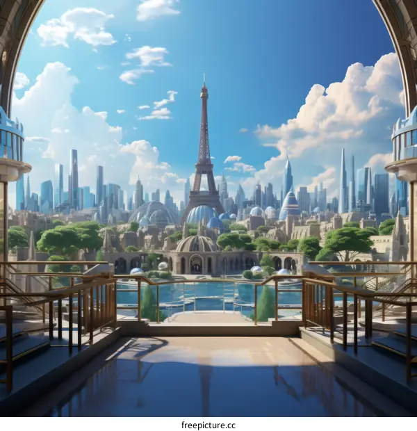 futuristic city with Eiffel Tower