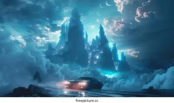 A car drives through a valley of giant rock formations on a distant planet