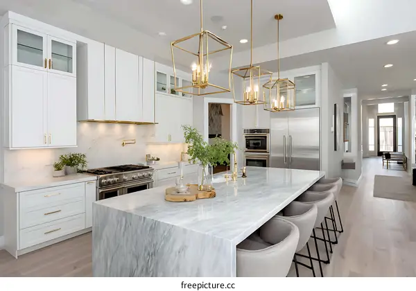 Modern Elegant White Kitchen Island with Marble Countertop