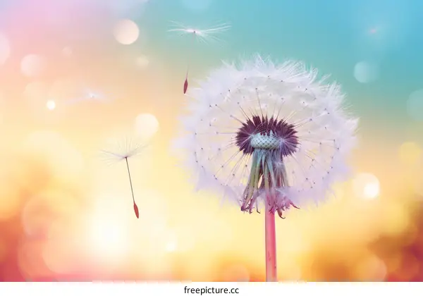 Dandelion seeds blowing in the wind with a beautiful blurred background in shades of yellow, orange, pink and blue