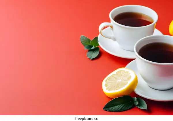 Two Cups of Tea With Lemon and Sage on a Red Background