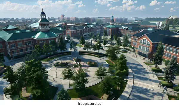 Aerial View of a Modern Cityscape with a Central Plaza