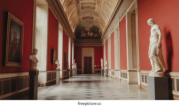 Classic Sculptures in Red and White Hallway