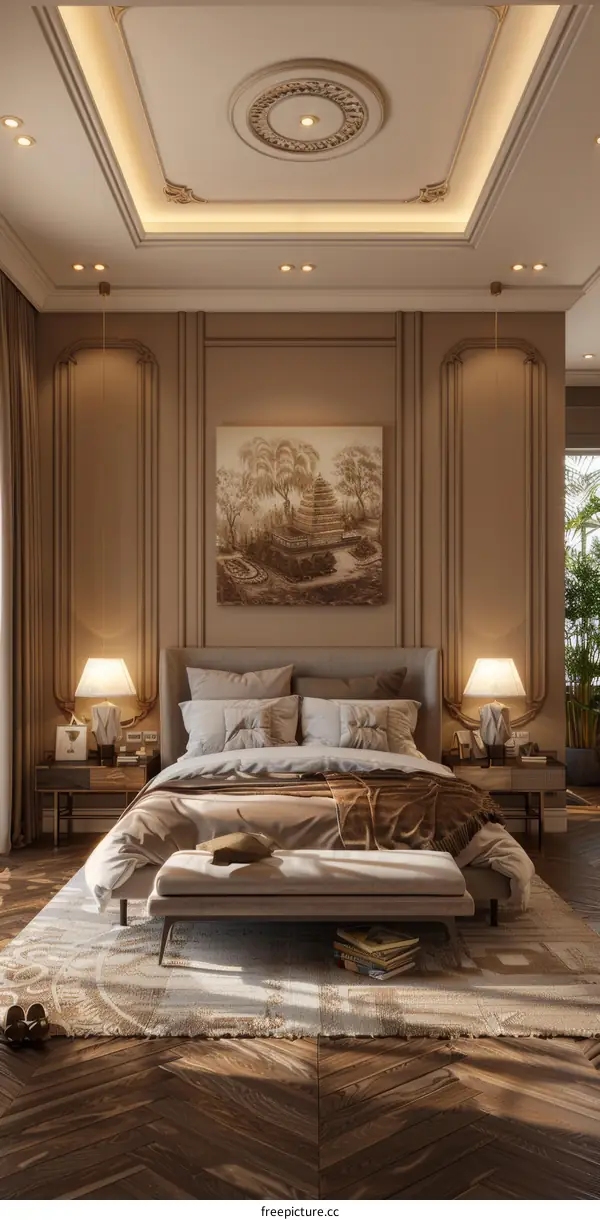 Luxury master bedroom with oriental wall art