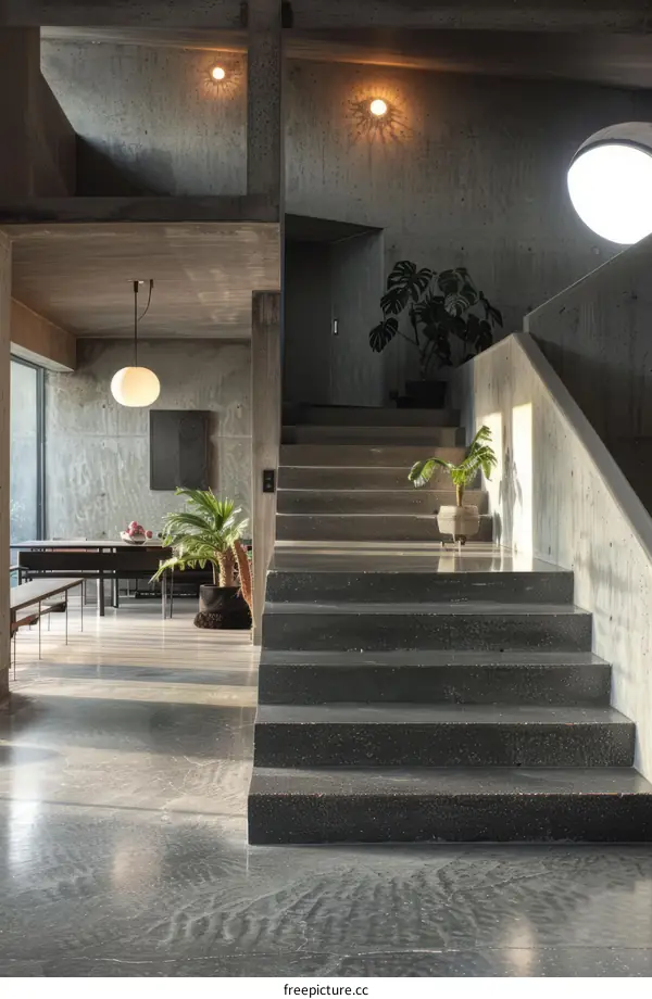Modern minimalist house interior design with concrete walls and chic staircase