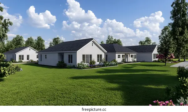 Modern White Houses with Green Grass and Blue Sky