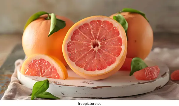 Fresh Juicy Grapefruit Slices on White Wooden Plate