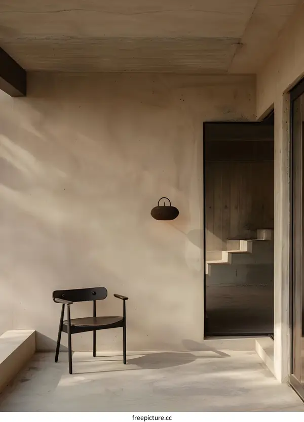 Minimalist Concrete Patio with Black Chair and Wall Light
