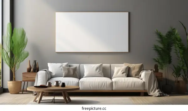 Bright living room interior with sofa and plants