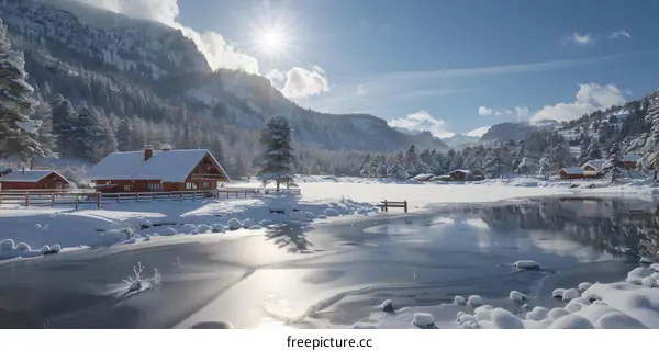 Winter Wonderland: Log cabins on a frozen lake