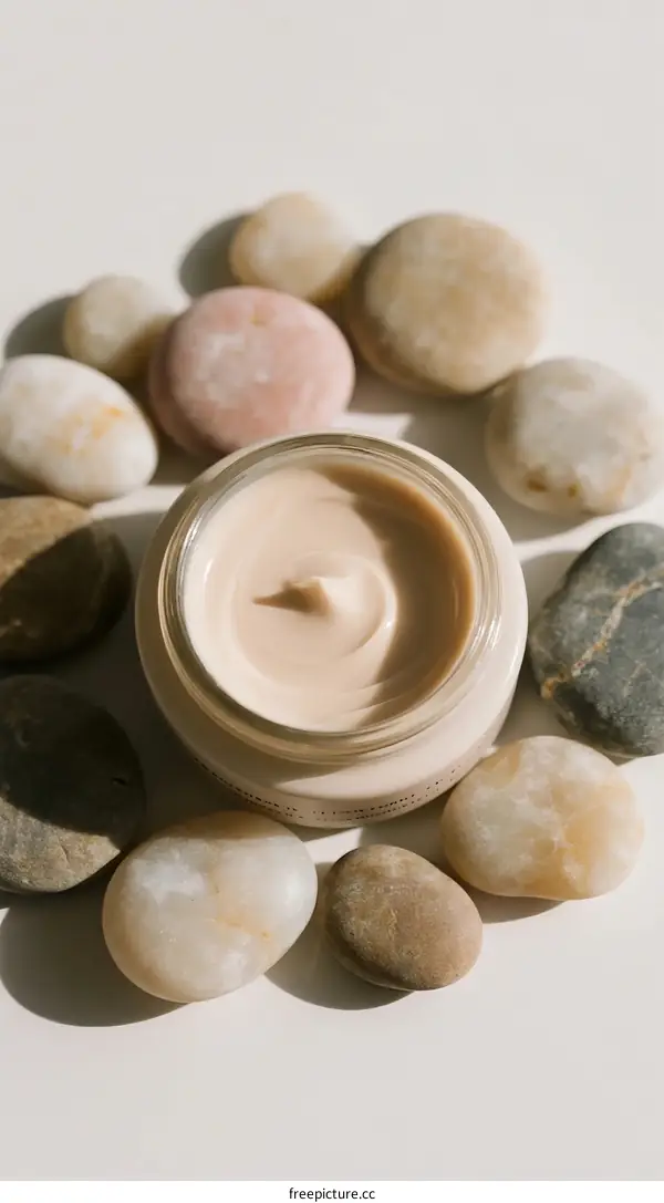 Natural Stones Surrounding a Beige Cream Jar