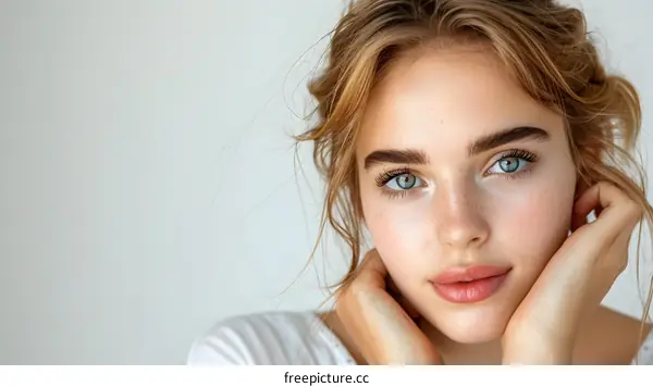 Portrait of a Young Woman with Blue Eyes and Freckles
