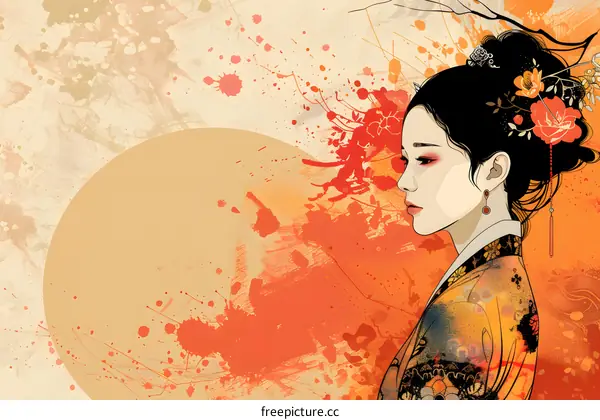 An illustration of a Japanese woman in traditional dress with a red and white background.