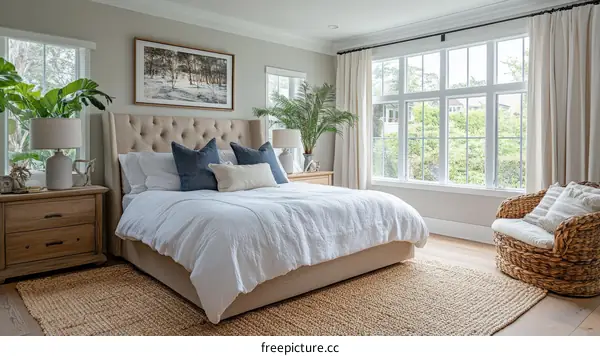Modern Master Bedroom with Large Window and Cozy Furniture