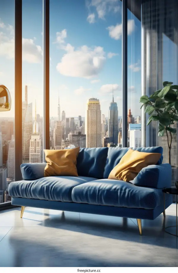 Blue velvet sofa in a modern living room with a view of the city