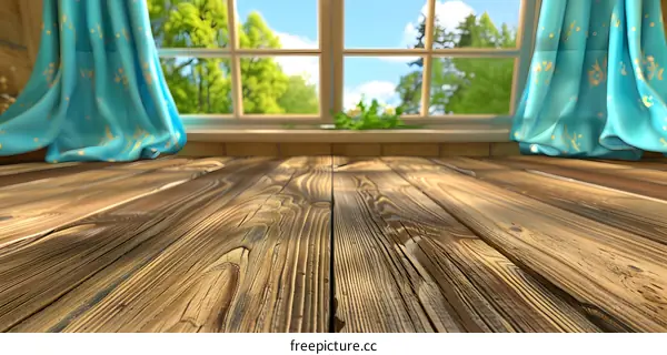 Wood Floor with Window and Curtains in Background