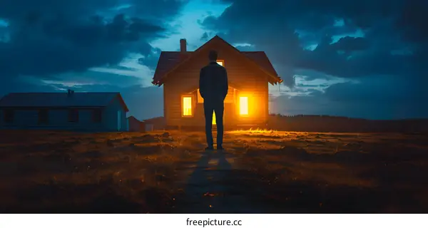 man standing alone in front of house at night