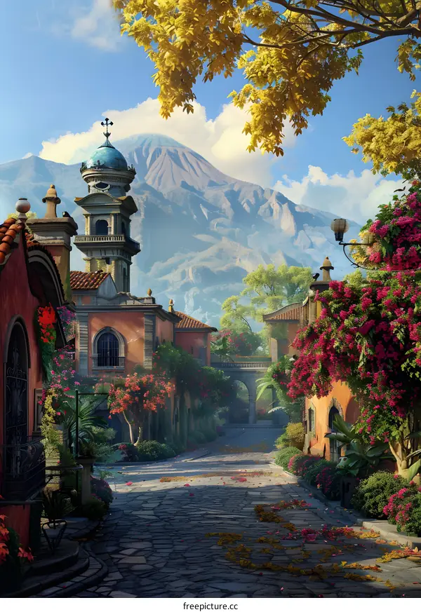 Beautiful Village Street with Mountain View