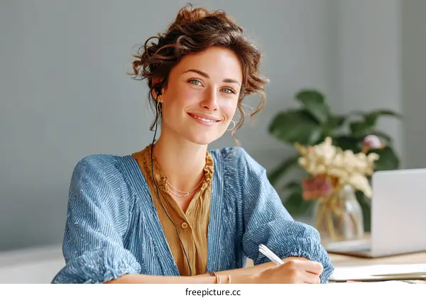 Smiling woman in blue blouse working at desk with laptop