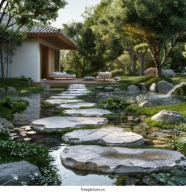 Serene Japanese Garden Design with Wooden House