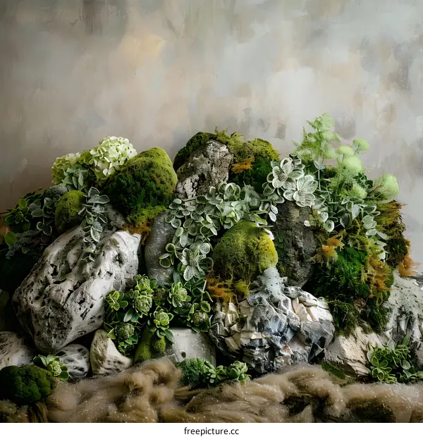 Green Moss Rocks and Plants on Stone Wall Background