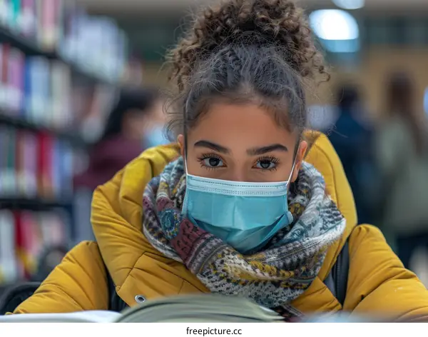 A young woman wearing a mask is studying in the library