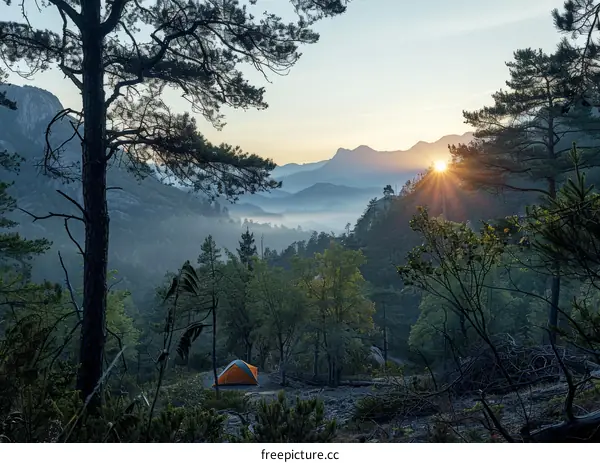 Camping in the mountains with a view of the sunrise