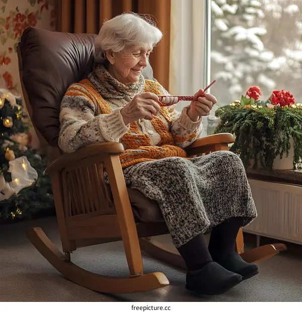 Elderly Woman Sitting in Rocking Chair by Christmas Tree