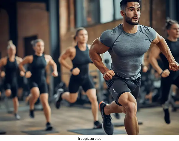 Group Fitness Class in Gym with Muscular Man Running in Front