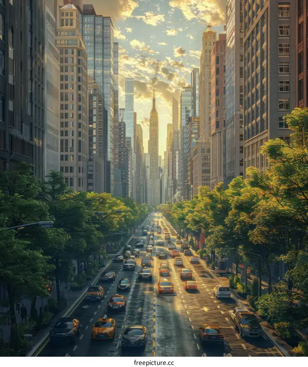 Skyline View of Busy City Street with Tall Buildings and Traffic