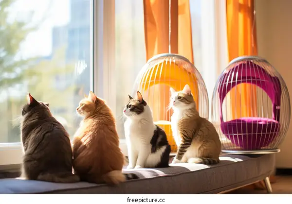 Four cats sitting on a bench looking out the window
