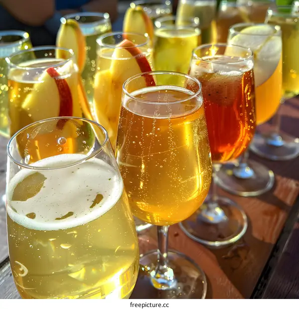 Close up of Glasses of Apple Cider with Slices of Apple