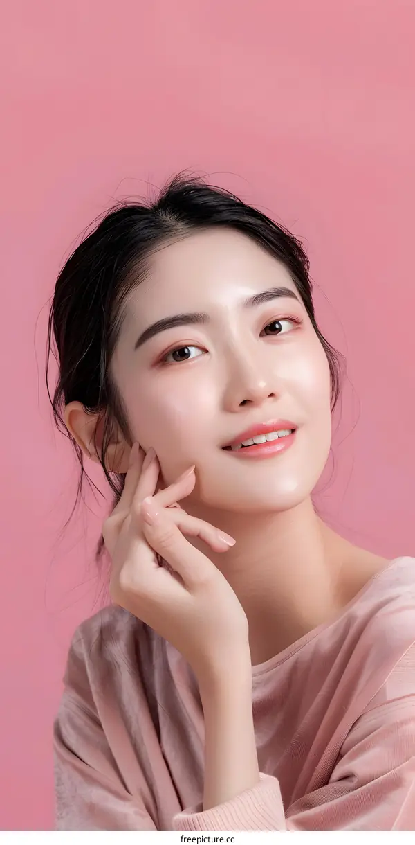 Beautiful Asian Woman with Pink Background