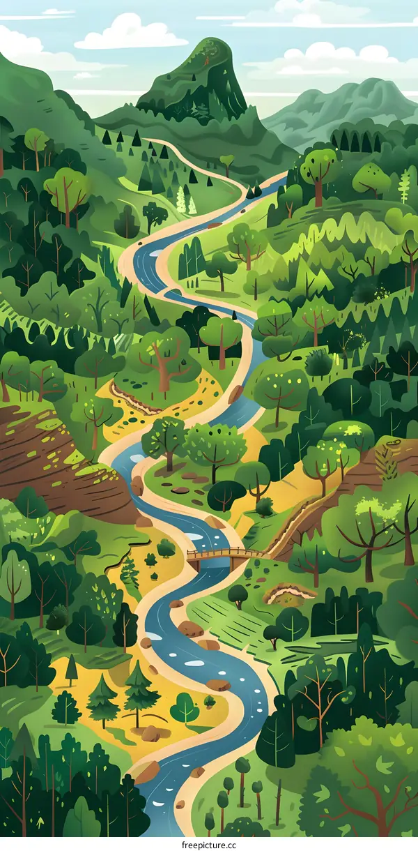 Green Mountains with Winding River Landscape Illustration