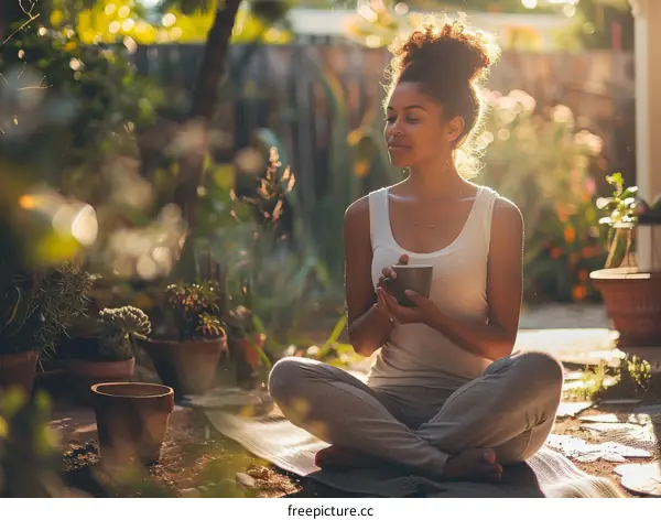 A Young Woman Meditating in a Garden