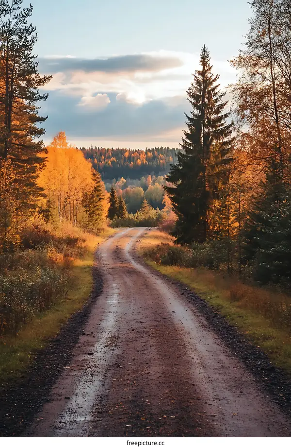 Autumn Forest Road Winding Through Trees