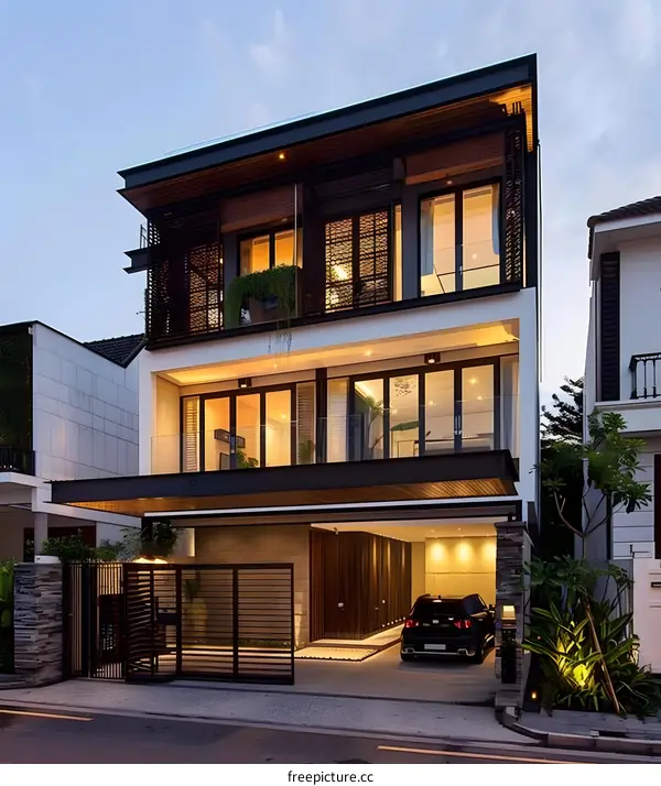 Modern House With Black Metal Accents and Garage