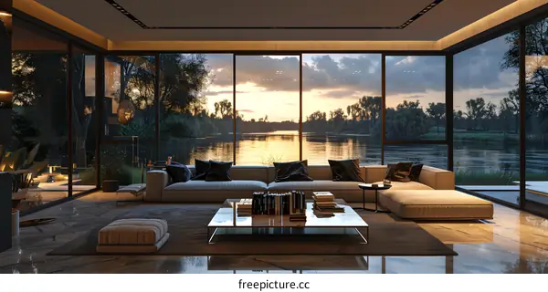 Modern living room with lake view at sunset
