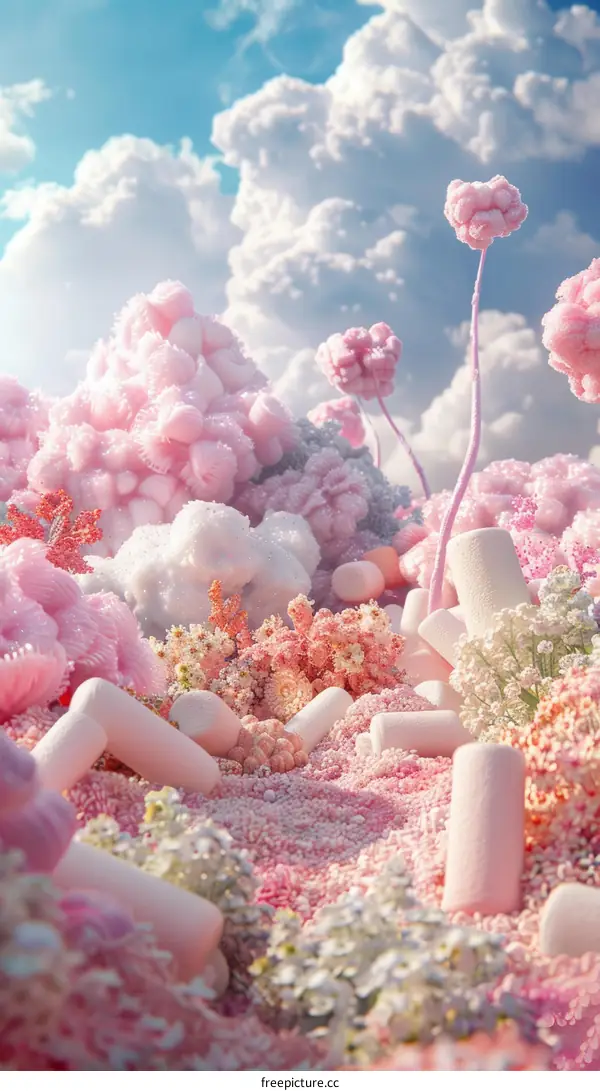 Pink surreal landscape with white clouds and flowers