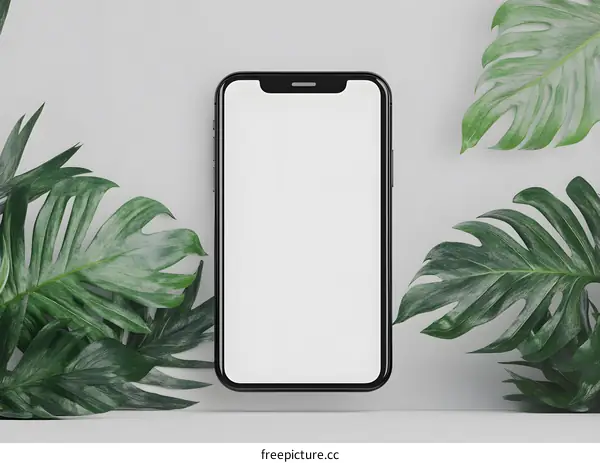 Mockup of a Smartphone on White Background with Green Leaves