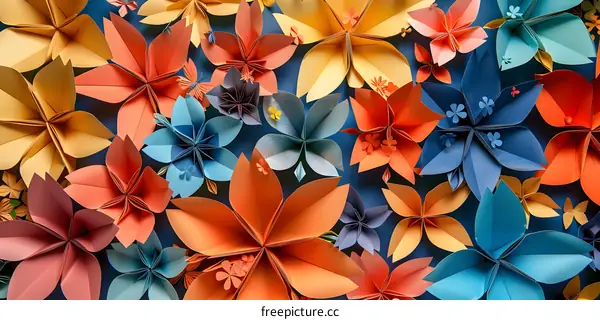 Colorful Paper Flowers on Blue Background