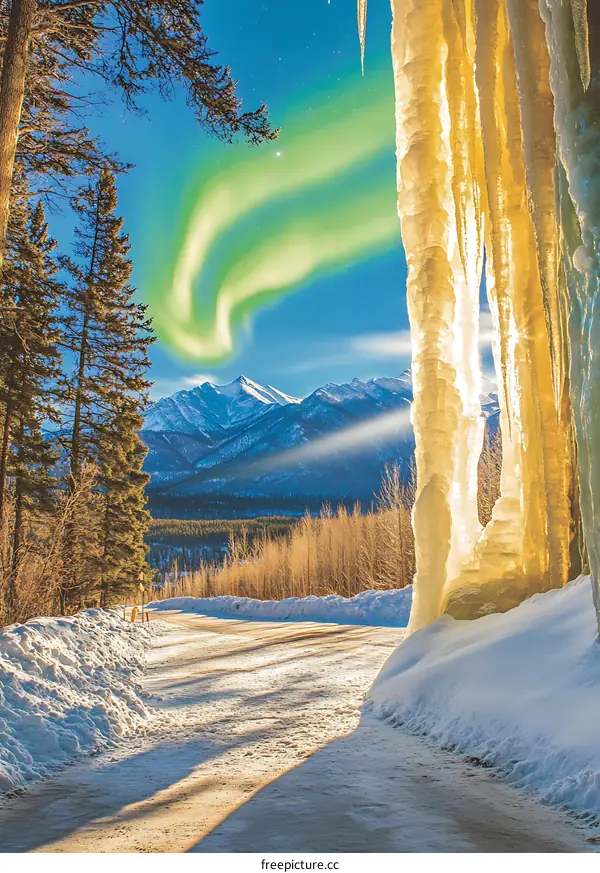 Northern Lights Display Over Snowy Mountain Range With Icicles
