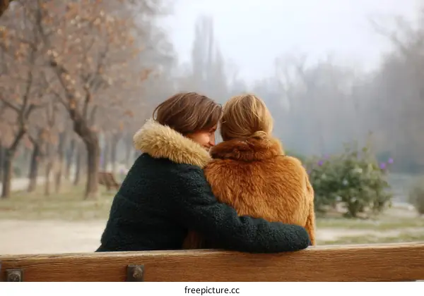 Two Women Embracing in Park Winter Scene