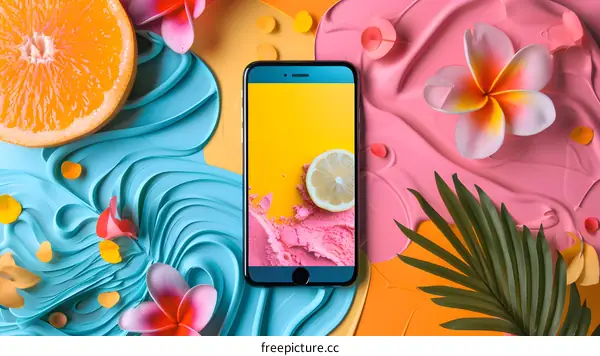 Summer Phone Screen Mockup With Lemon and Flowers