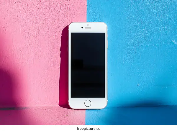 White Smartphone on Pink and Blue Wall