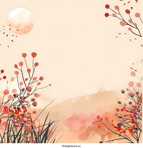 Watercolor Painting of a Landscape with Mountains and Red Berries