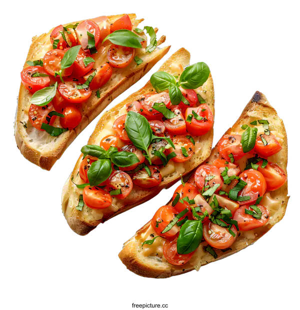 [Transparent Background PNG]Three slices of bruschetta with tomatoes, basil and cheese