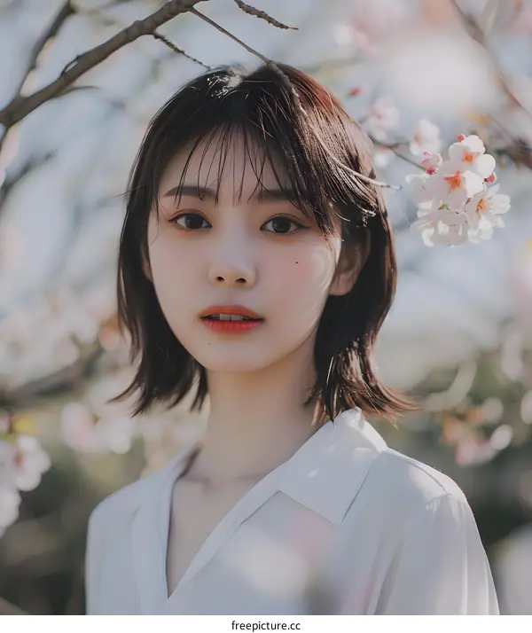 Young Asian Woman with Cherry Blossoms