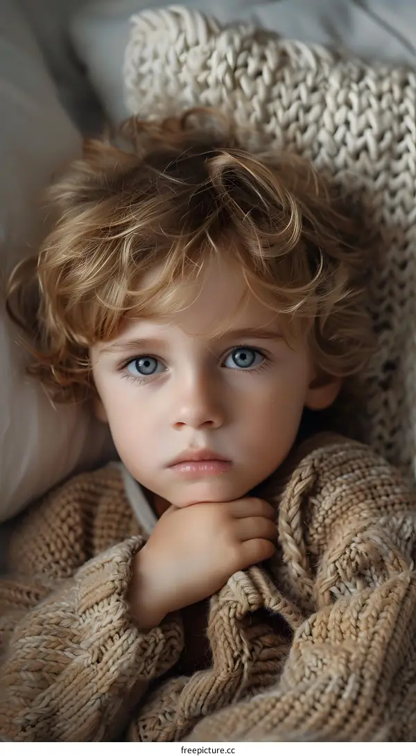 Portrait of a cute caucasian toddler boy with blond curly hair in a brown sweater