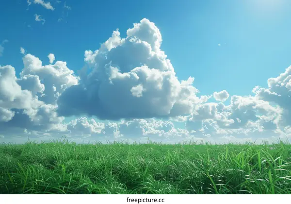 Expansive Green Prairie Underneath Vast Serene Sky and White Clouds